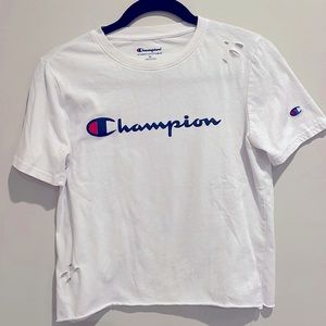 CHAMPION White Cropped Distressed Tee Girls XL